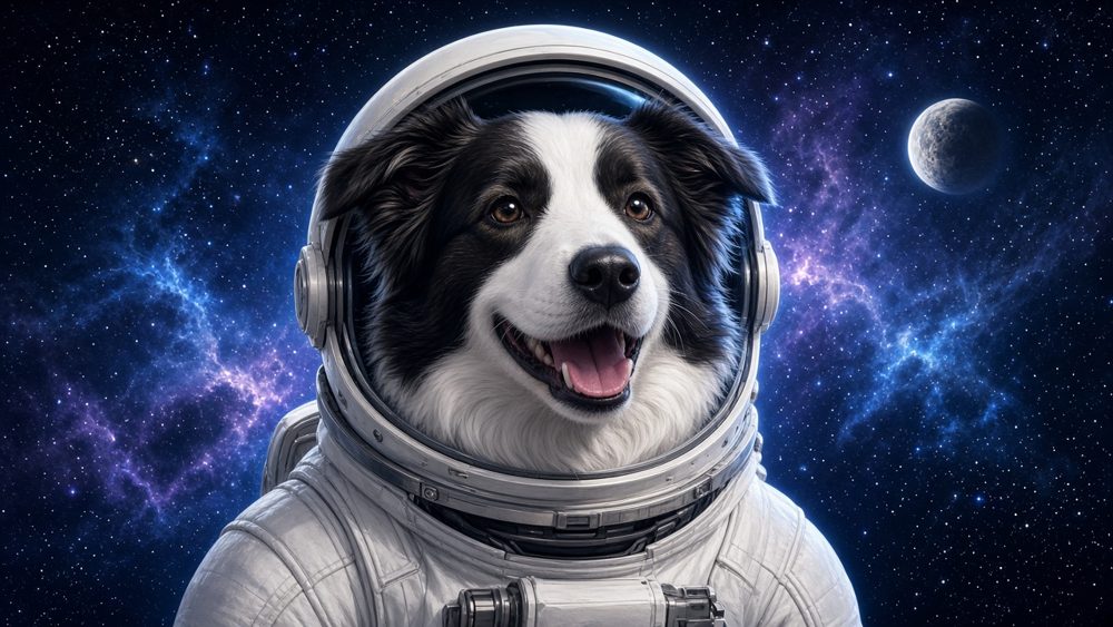 Astronaut style sample: a border collie in a white spacesuit among the stars