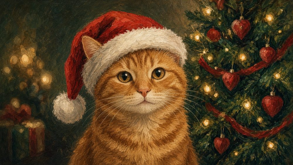 Holiday style sample: an orange tabby cat in a Santa hat by a Christmas tree