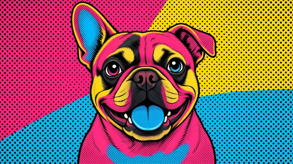 Pop art style sample: a French bulldog with one ear up on a halftone background