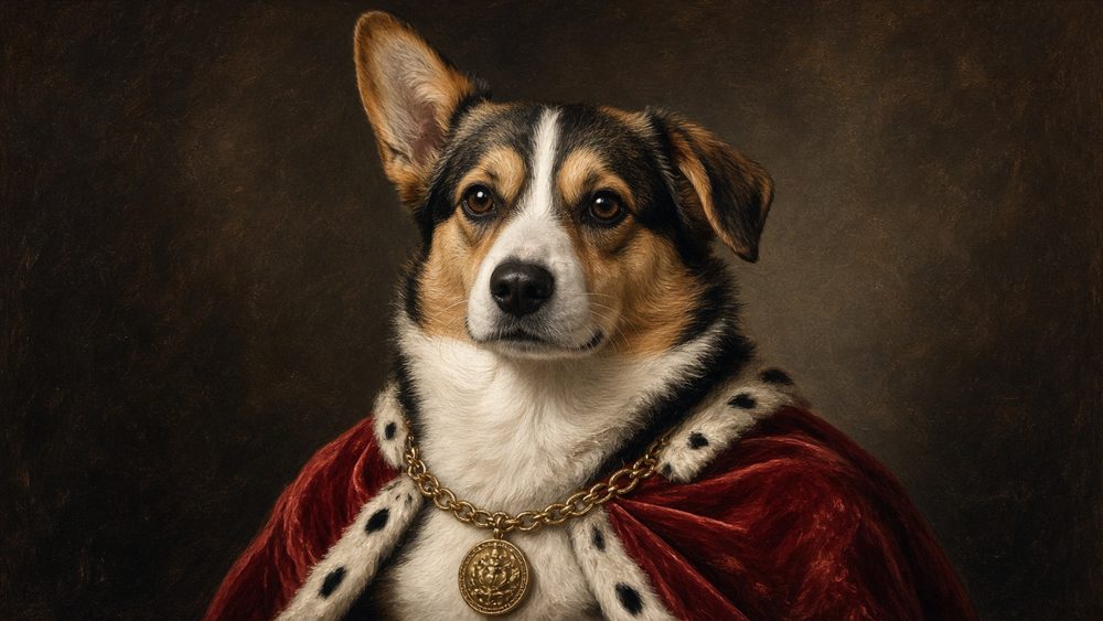 Royal Renaissance style sample: a corgi with one folded ear in a crimson velvet cape and gold chain